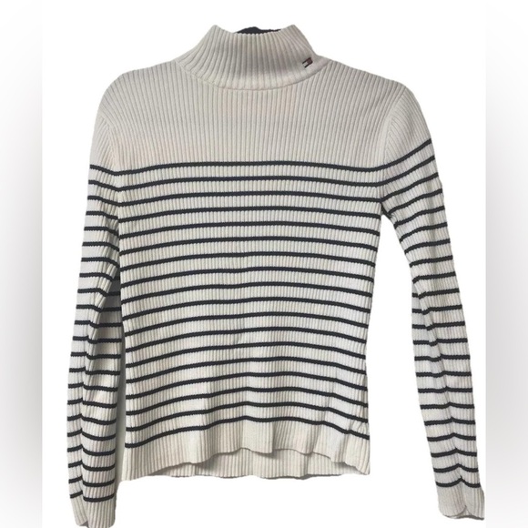 NWOT Tommy Hilfiger Mock Neck Sweater Stretch Navy and White Size S preppy - Picture 8 of 8